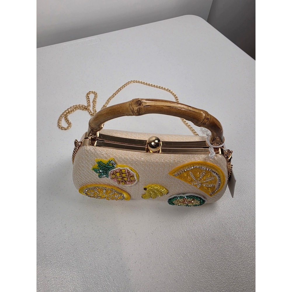 Haute Hippie Beaded Fruit Straw Clutch Crossbody Bamboo Handle Bag Natural NEW - Picture 7 of 13